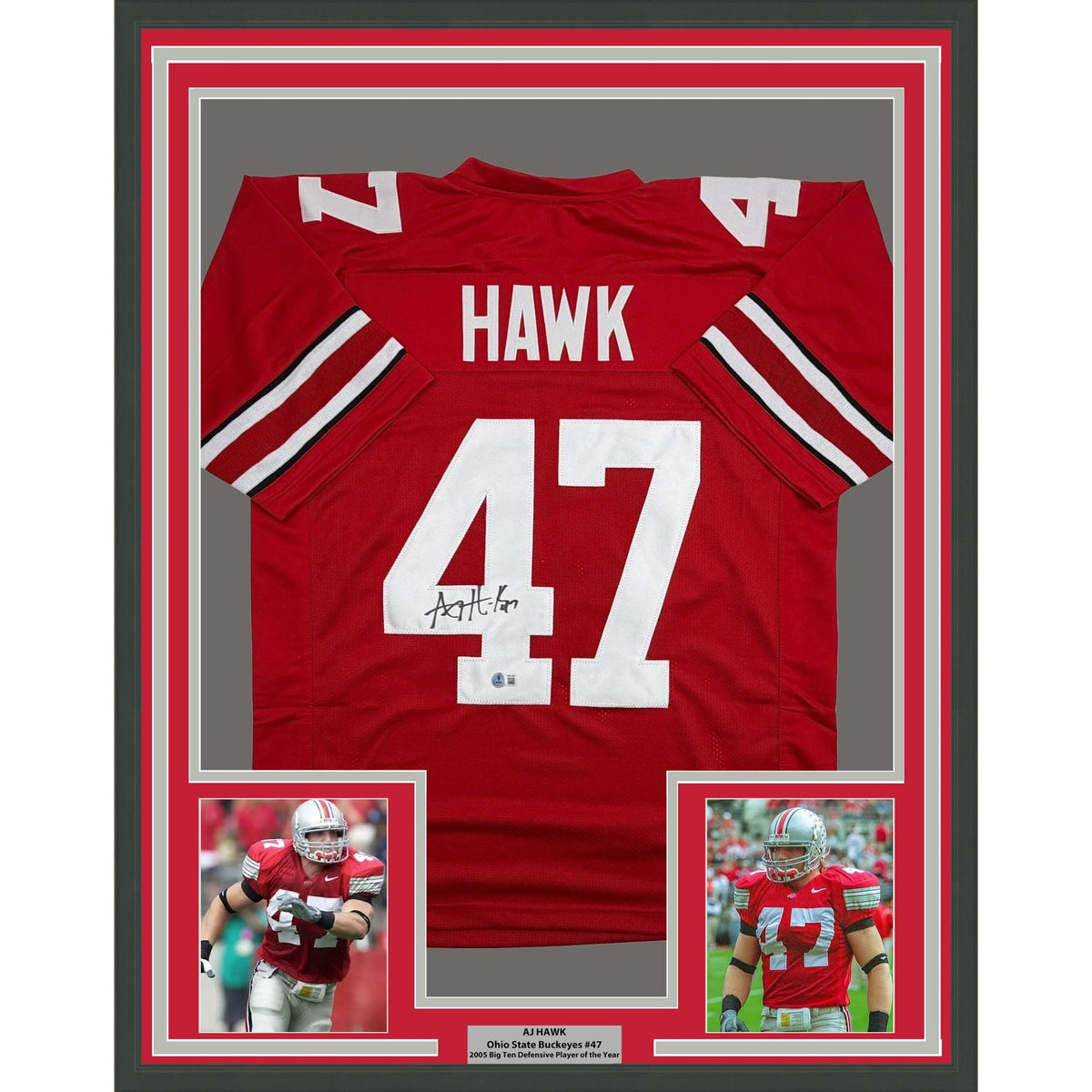Framed Autographed/Signed AJ Hawk 35x39 Ohio State Red College Football Jersey Beckett BAS COA
