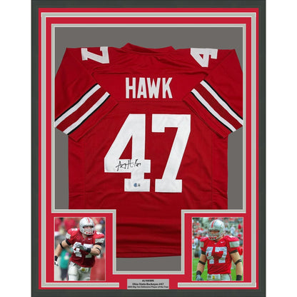 Framed Autographed/Signed AJ Hawk 35x39 Ohio State Red College Football Jersey Beckett BAS COA