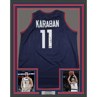 Framed Autographed/Signed Alex Karaban 35x39 UConn Connecticut Blue College Basketball Jersey Beckett BAS COA