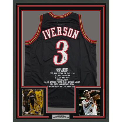 Framed Autographed/Signed Allen Iverson 35x39 Philadelphia Black Stat Basketball Jersey JSA COA