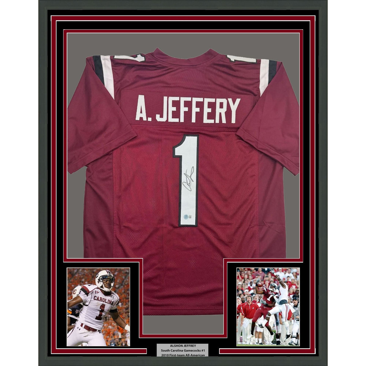 Framed Autographed/Signed Alshon Jeffery 35x39 South Carolina Maroon College Football Jersey Beckett BAS COA