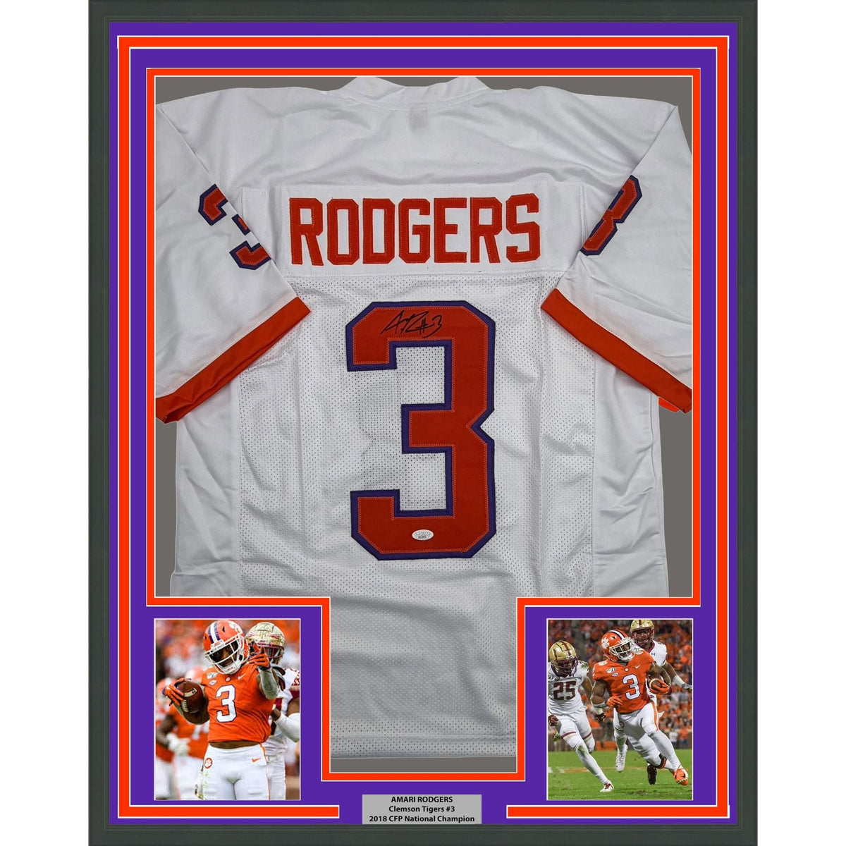 Framed Autographed/Signed Amari Rodgers 35x39 Clemson White College Football Jersey JSA COA