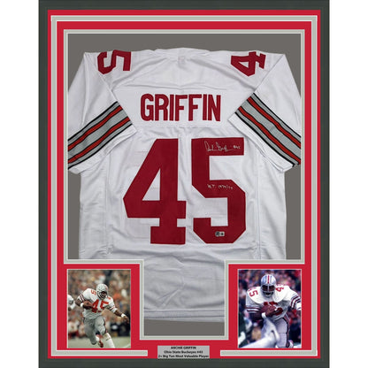 Framed Autographed/Signed Archie Griffin 35x39 Ohio State White College Football Jersey Beckett BAS COA