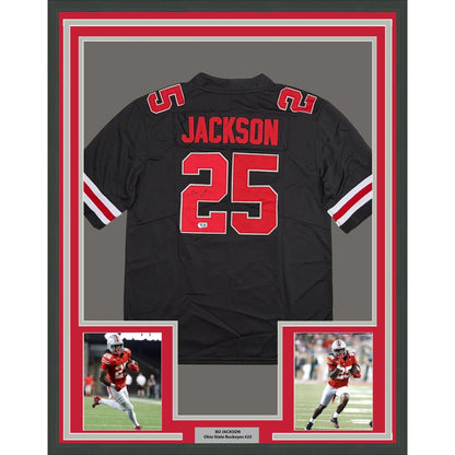 Framed Autographed/Signed Lamar Bo Jackson 35x39 Ohio State Black College Football Jersey Beckett BAS COA