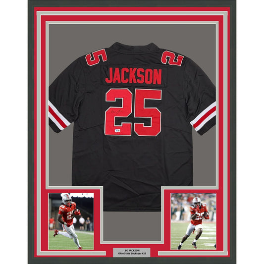 Framed Autographed/Signed Lamar Bo Jackson 35x39 Ohio State Black College Football Jersey Beckett BAS COA