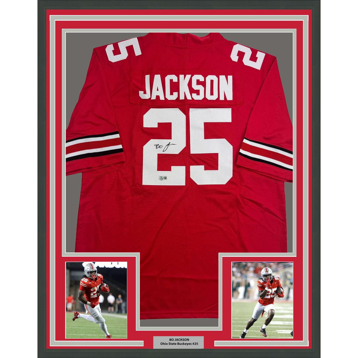 Framed Autographed/Signed Lamar Bo Jackson 35x39 Ohio State Red College Football Jersey Beckett BAS COA