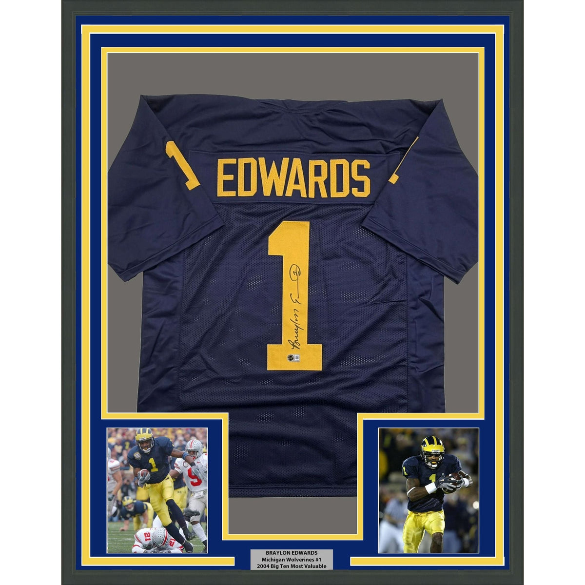 Framed Autographed/Signed Braylon Edwards 35x39 Michigan Blue College Football Jersey Beckett BAS COA