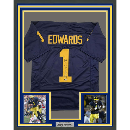 Framed Autographed/Signed Braylon Edwards 35x39 Michigan Blue College Football Jersey Beckett BAS COA