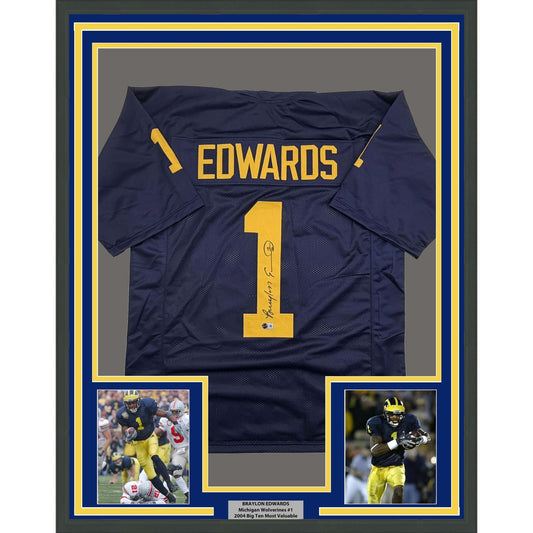 Framed Autographed/Signed Braylon Edwards 35x39 Michigan Blue College Football Jersey Beckett BAS COA