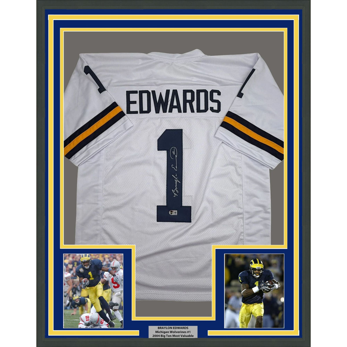 Framed Autographed/Signed Braylon Edwards 35x39 Michigan White College Football Jersey Beckett BAS COA