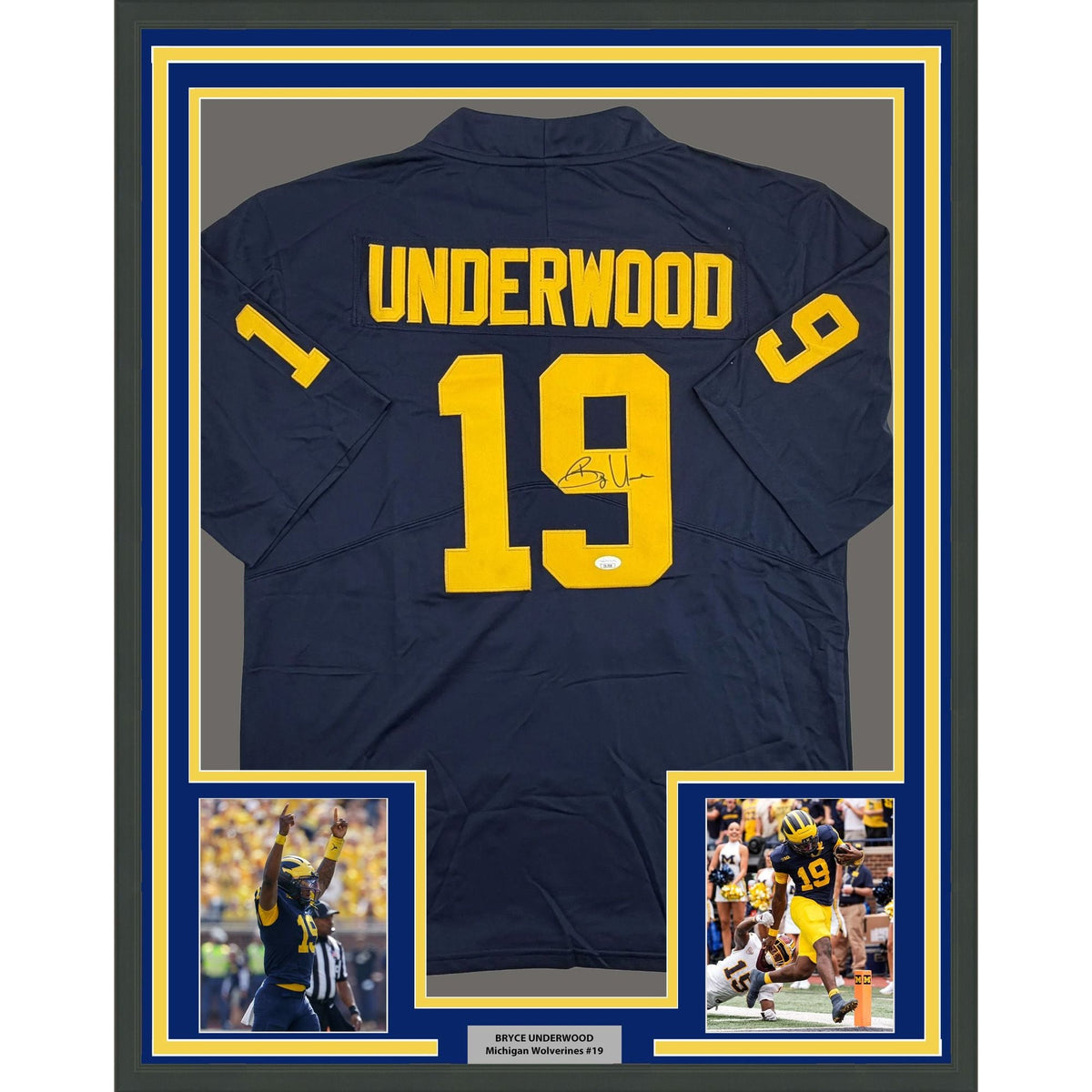 Framed Autographed/Signed Bryce Underwood 35x39 Michigan Blue College Football Jersey JSA COA
