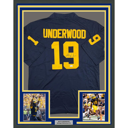 Framed Autographed/Signed Bryce Underwood 35x39 Michigan Blue College Football Jersey JSA COA