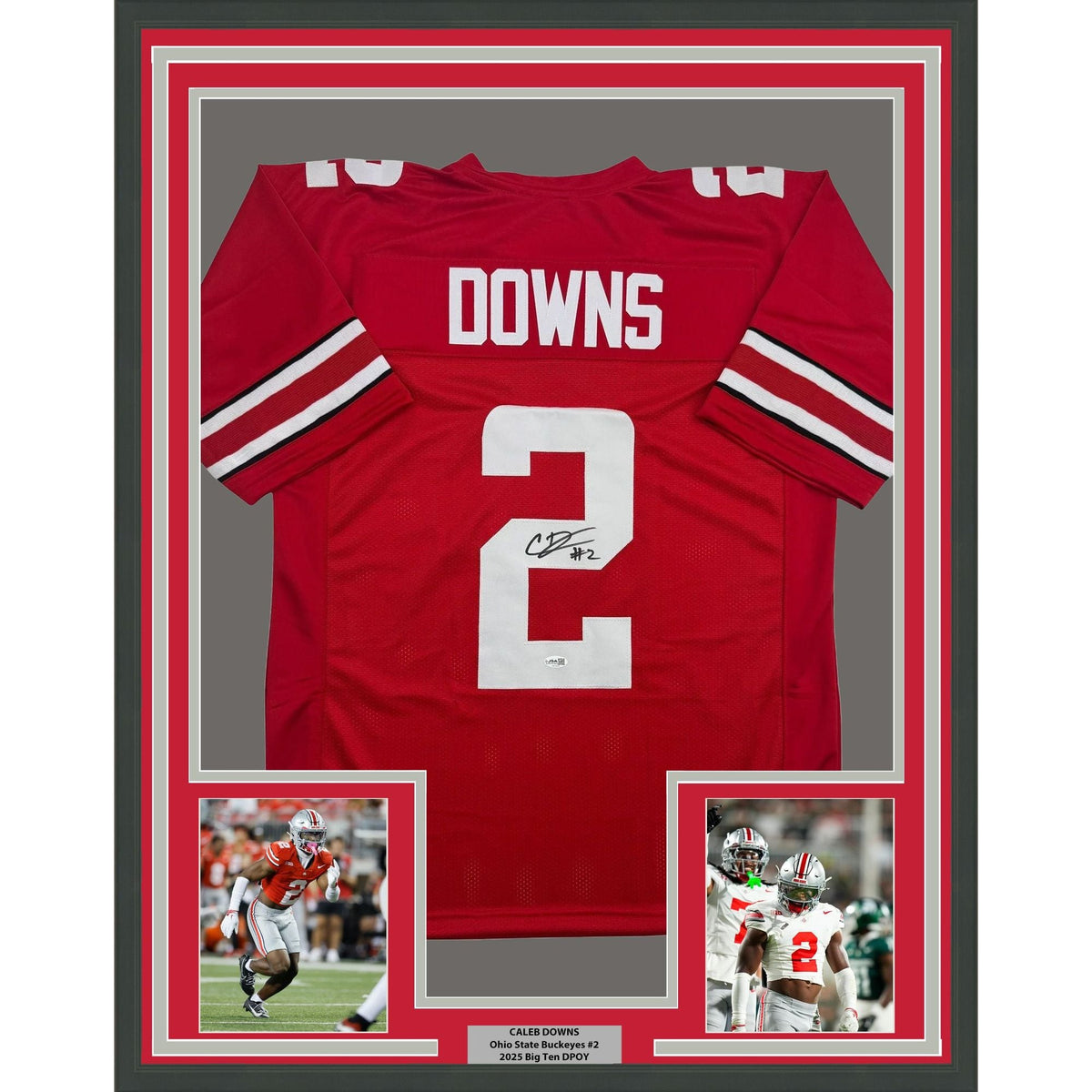 Framed Autographed/Signed Caleb Downs 35x39 Ohio State Red College Football Jersey JSA COA