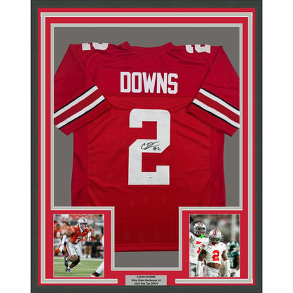 Framed Autographed/Signed Caleb Downs 35x39 Ohio State Red College Football Jersey JSA COA