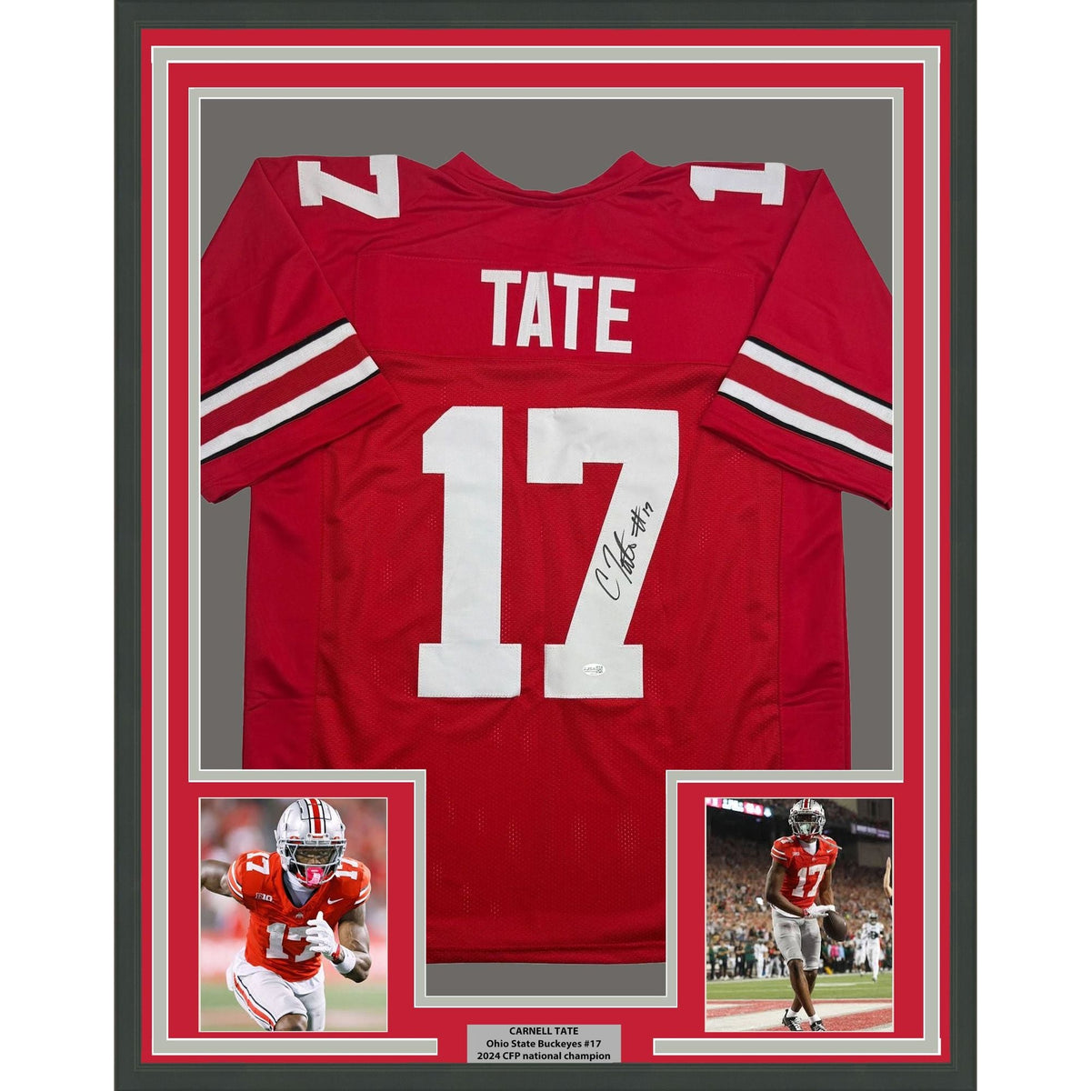 Framed Autographed/Signed Carnell Tate 35x39 Ohio State Red College Football Jersey JSA COA