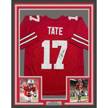 Framed Autographed/Signed Carnell Tate 35x39 Ohio State Red College Football Jersey JSA COA