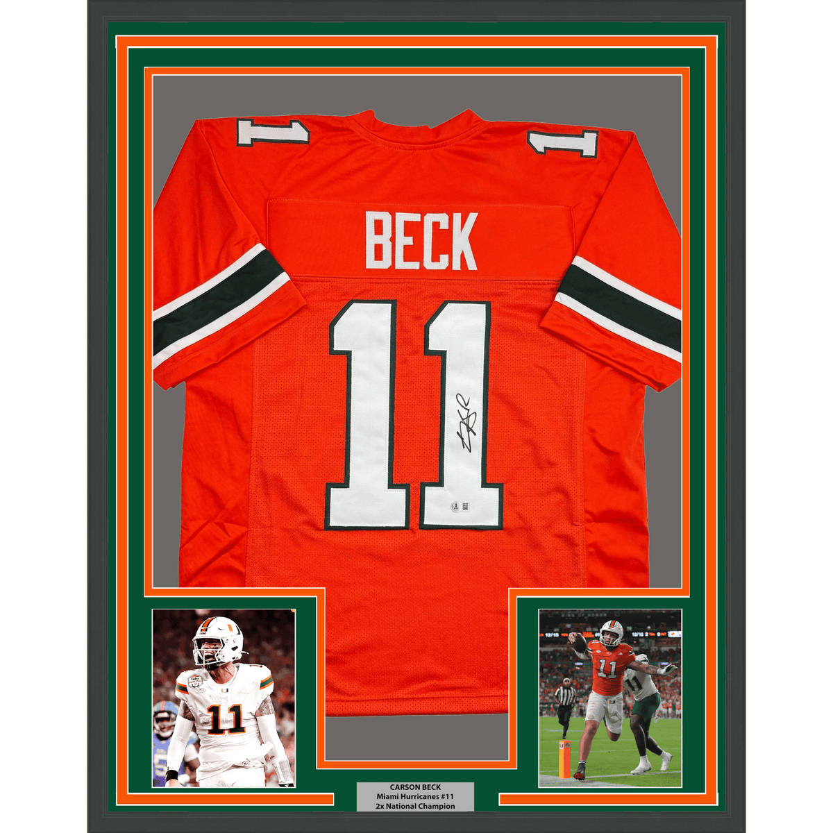 Framed Autographed/Signed Carson Beck 35x39 Miami Orange College Football Jersey Beckett BAS COA