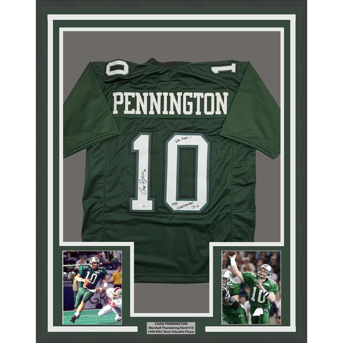 Framed Autographed/Signed Chad Pennington 35x39 Marshall Green College Football Jersey JSA COA