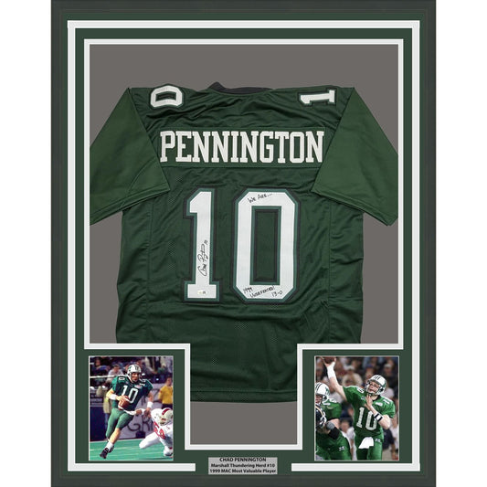 Framed Autographed/Signed Chad Pennington 35x39 Marshall Green College Football Jersey JSA COA