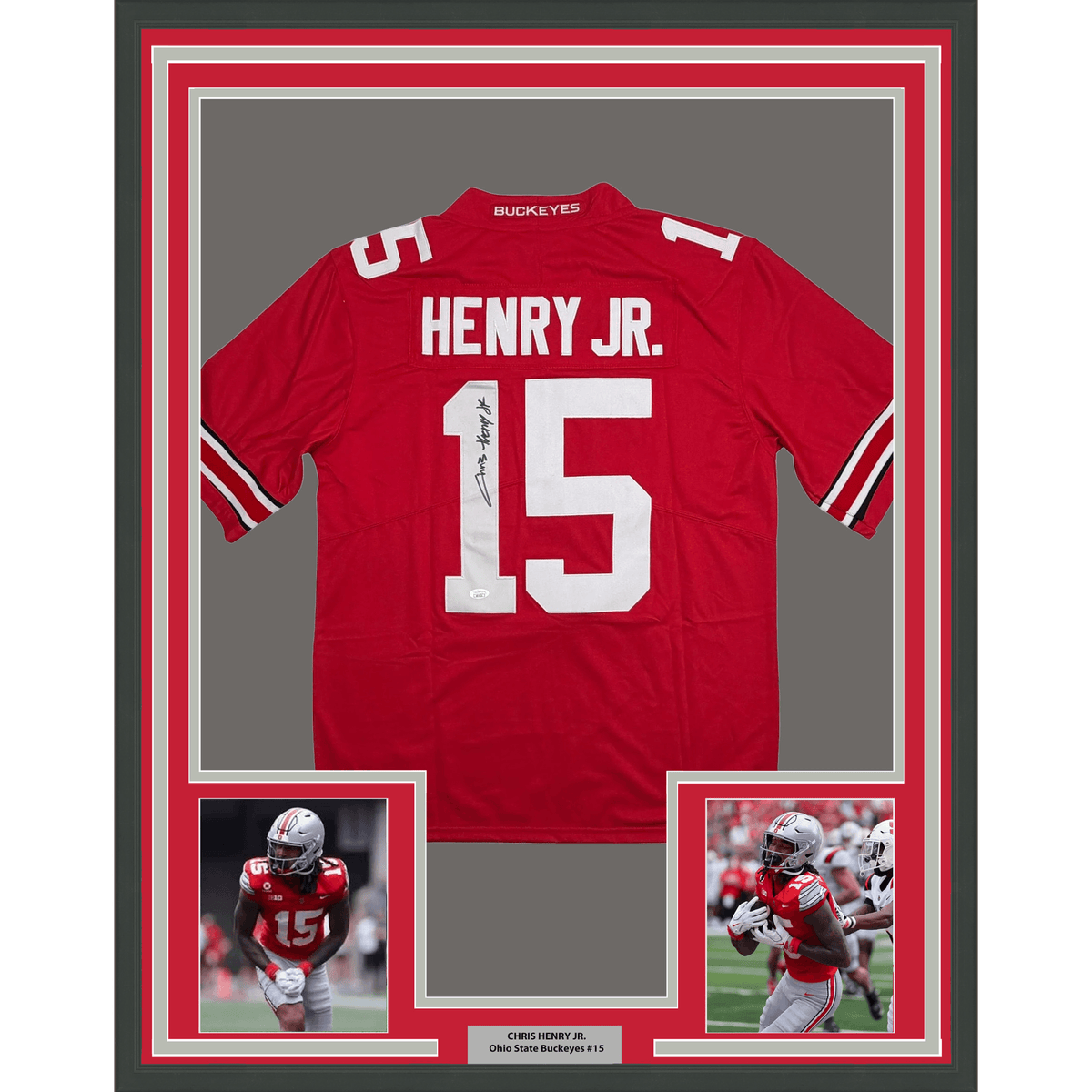 Framed Autographed/Signed Chris Henry Jr. 35x39 Ohio State Red College Football Jersey JSA COA
