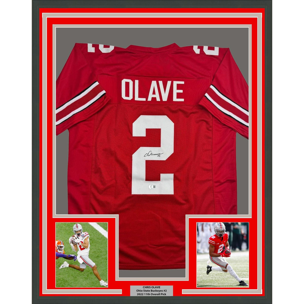 Framed Autographed/Signed Chris Olave 35x39 Ohio State Red College Football Jersey Beckett BAS COA