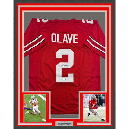Framed Autographed/Signed Chris Olave 35x39 Ohio State Red College Football Jersey Beckett BAS COA