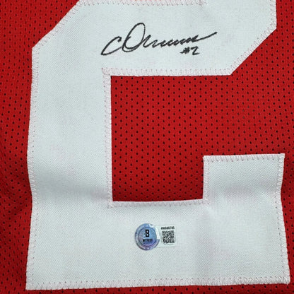 Framed Autographed/Signed Chris Olave 35x39 Ohio State Red College Football Jersey Beckett BAS COA