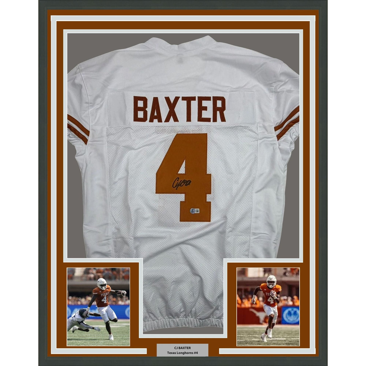 Framed Autographed/Signed CJ Baxter 35x39 Texas White Pro Cut College Football Jersey Beckett BAS COA