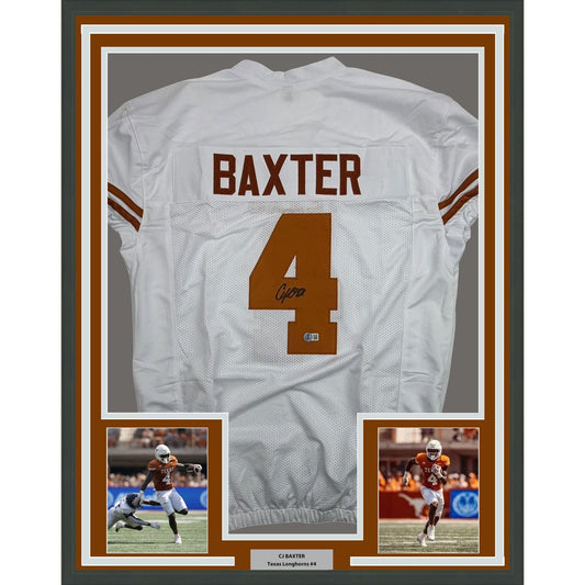 Framed Autographed/Signed CJ Baxter 35x39 Texas White Pro Cut College Football Jersey Beckett BAS COA