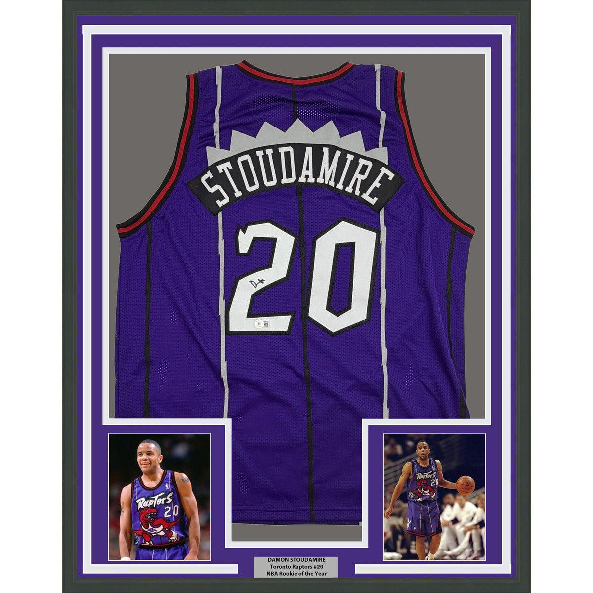 Framed Autographed/Signed Damon Stoudemire 35x39 Toronto Purple Basketball Jersey Beckett BAS COA