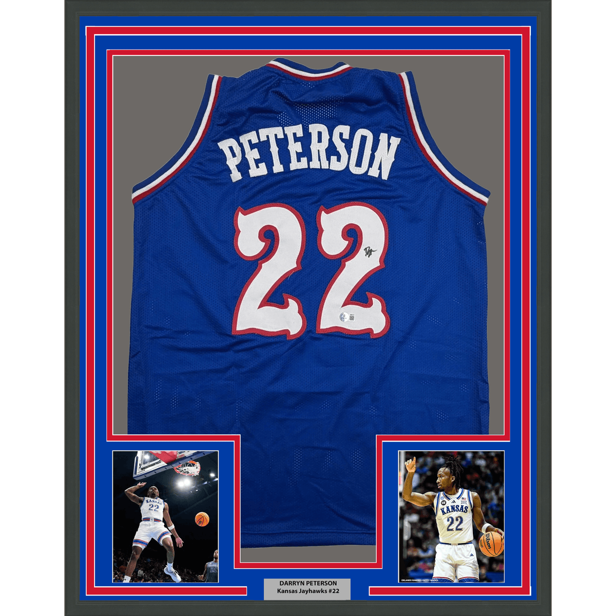 Framed Autographed/Signed Darryn Peterson 35x39 Kansas Blue College Basketball Jersey Beckett BAS COA