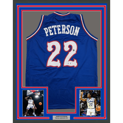 Framed Autographed/Signed Darryn Peterson 35x39 Kansas Blue College Basketball Jersey Beckett BAS COA