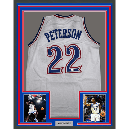 Framed Autographed/Signed Darryn Peterson 35x39 Kansas White College Basketball Jersey Beckett BAS COA