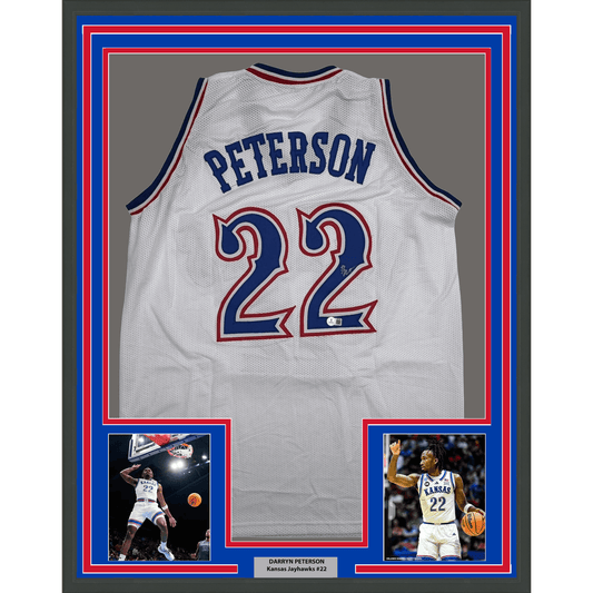 Framed Autographed/Signed Darryn Peterson 35x39 Kansas White College Basketball Jersey Beckett BAS COA