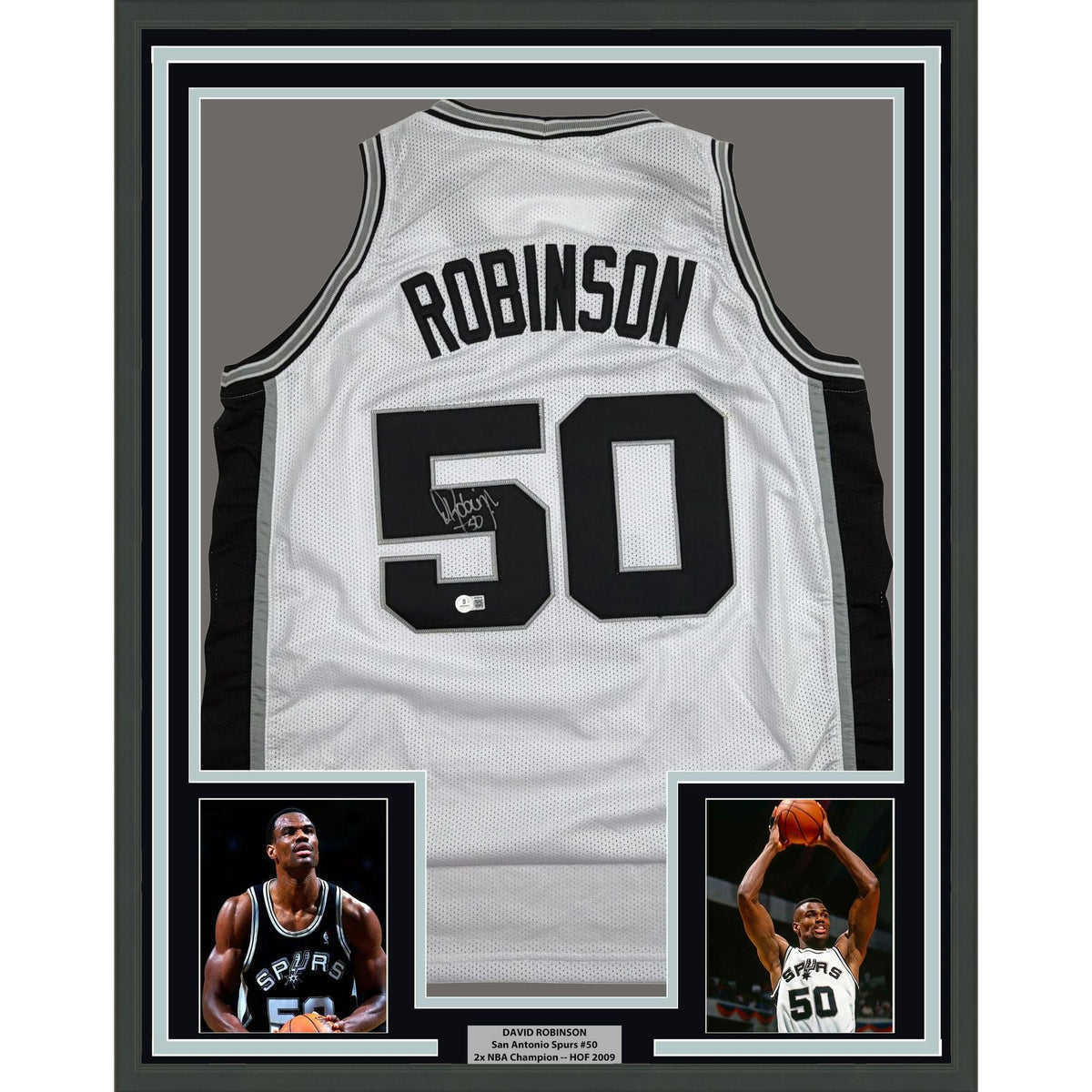 Framed Autographed/Signed David Robinson 35x39 San Antonio White Basketball Jersey Beckett BAS COA