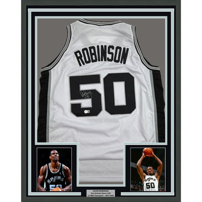 Framed Autographed/Signed David Robinson 35x39 San Antonio White Basketball Jersey Beckett BAS COA