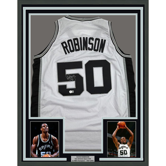 Framed Autographed/Signed David Robinson 35x39 San Antonio White Basketball Jersey Beckett BAS COA