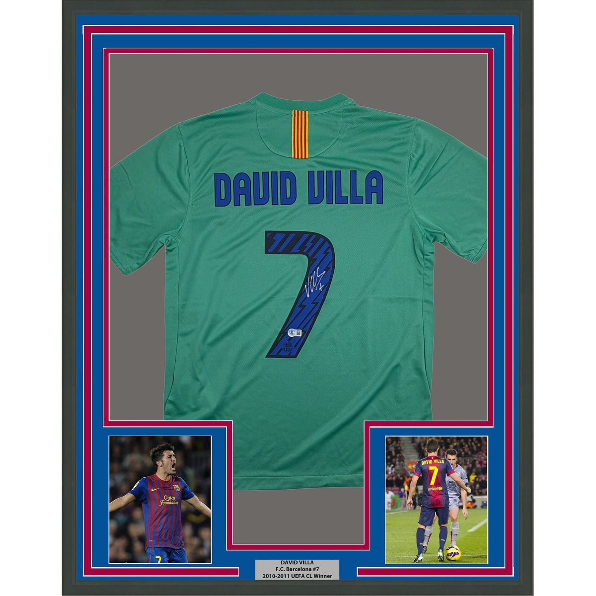 Framed Autographed/Signed David Villa 35x39 FC Barcelona Teal Soccer Jersey Beckett BAS COA