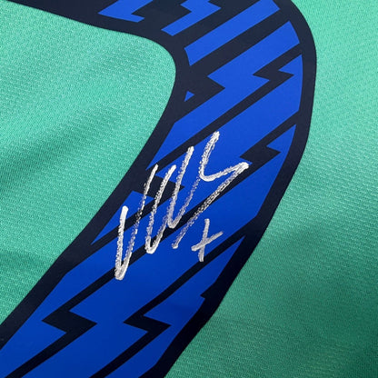 Framed Autographed/Signed David Villa 35x39 FC Barcelona Teal Soccer Jersey Beckett BAS COA