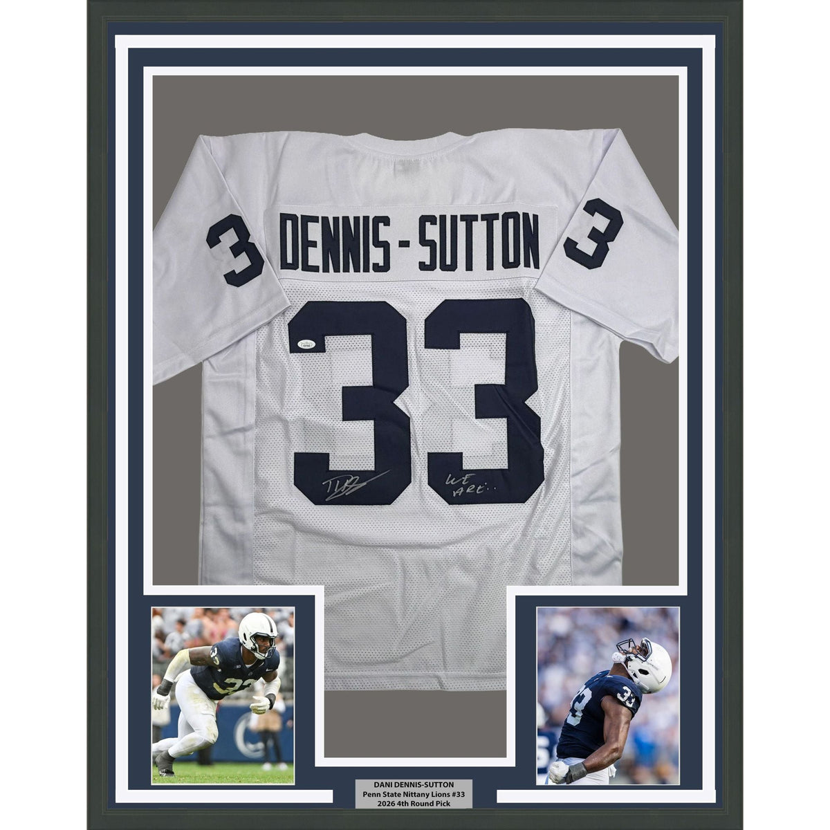 Framed Autographed/Signed Dani Dennis-Sutton 35x39 Penn State White College Football Jersey JSA COA