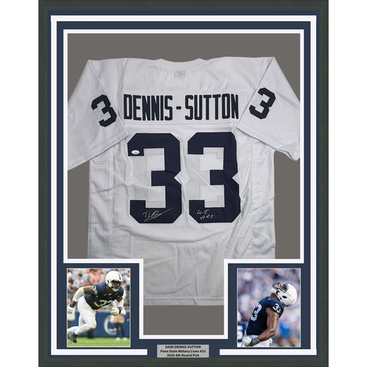Framed Autographed/Signed Dani Dennis-Sutton 35x39 Penn State White College Football Jersey JSA COA