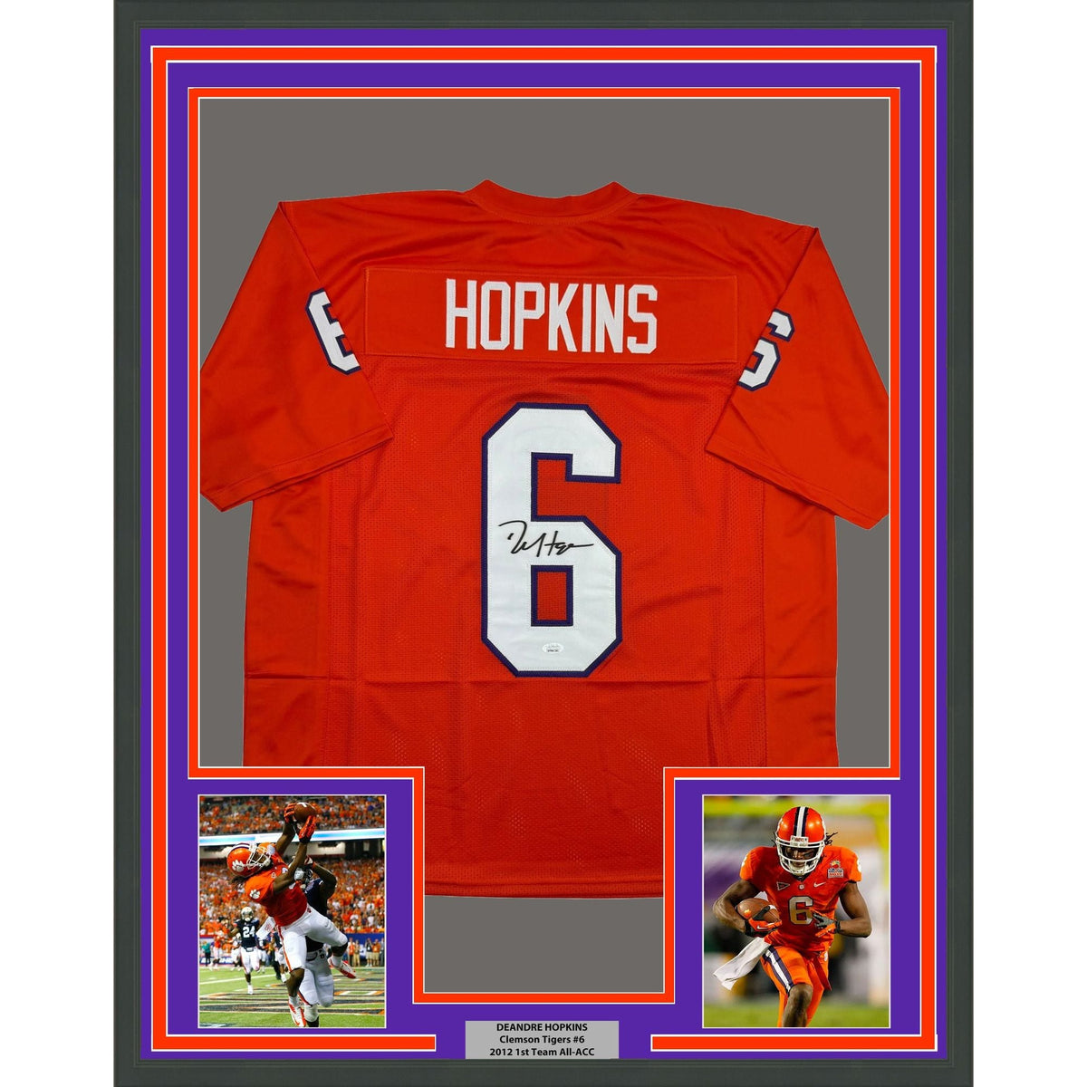Framed Autographed/Signed DeAndre Hopkins 35x39 Clemson Orange College Football Jersey JSA COA