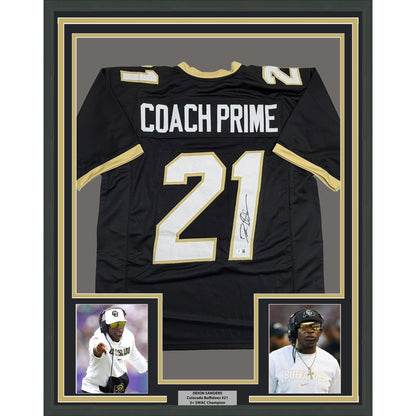 Framed Autographed/Signed Deion Sanders 35x39 Coach Prime Colorado Black College Football Jersey Beckett BAS COA