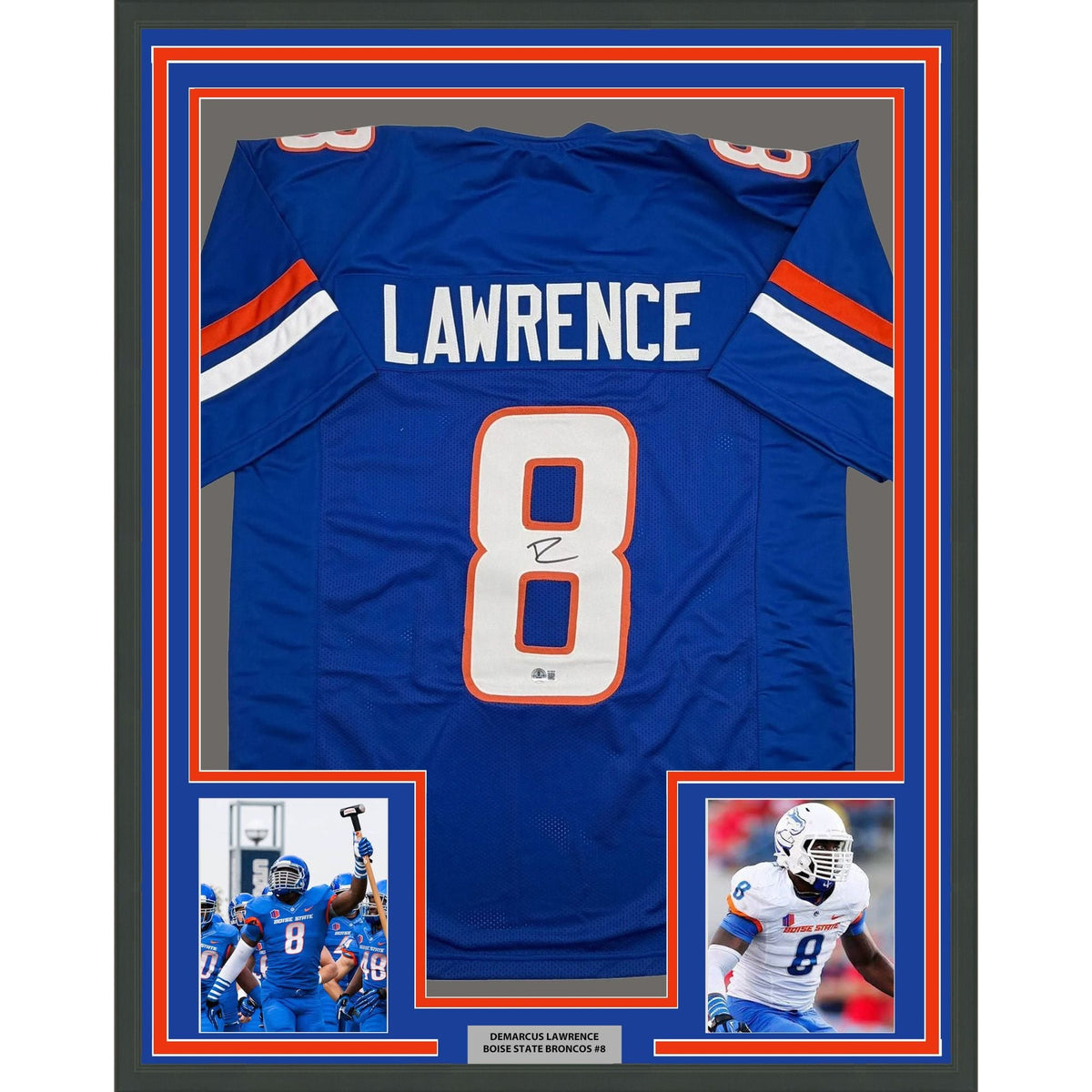 Framed Autographed/Signed DeMarcus Lawrence 35x39 Boise State Blue College Football Jersey Beckett BAS COA