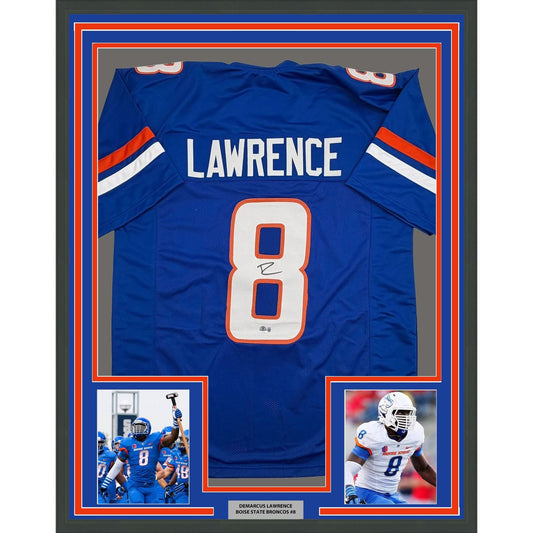 Framed Autographed/Signed DeMarcus Lawrence 35x39 Boise State Blue College Football Jersey Beckett BAS COA