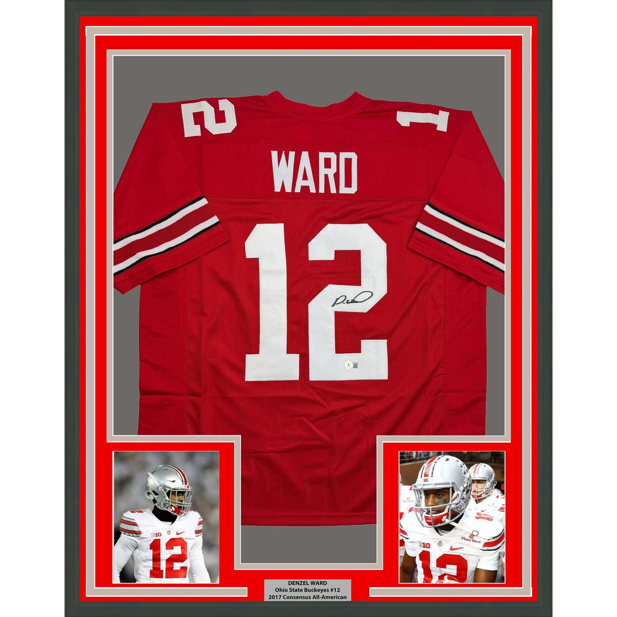 Framed Autographed/Signed Denzel Ward 35x39 Ohio State Red College Football Jersey Beckett BAS COA