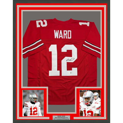 Framed Autographed/Signed Denzel Ward 35x39 Ohio State Red College Football Jersey Beckett BAS COA