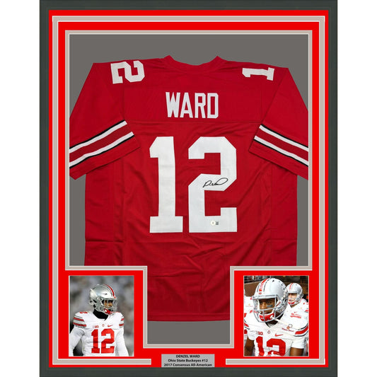 Framed Autographed/Signed Denzel Ward 35x39 Ohio State Red College Football Jersey Beckett BAS COA
