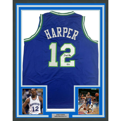 Framed Autographed/Signed Derek Harper35x39 Dallas Retro Blue Basketball Jersey Beckett BAS COA