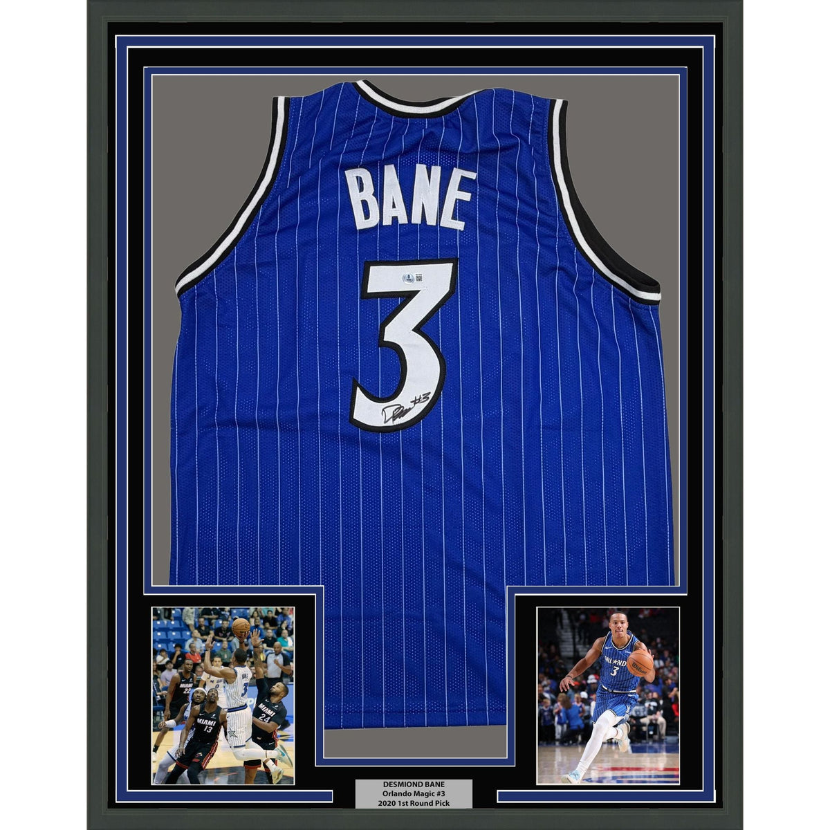 Framed Autographed/Signed Desmond Bane 35x39 Orlando Blue Pinstripe Basketball Jersey Beckett BAS COA